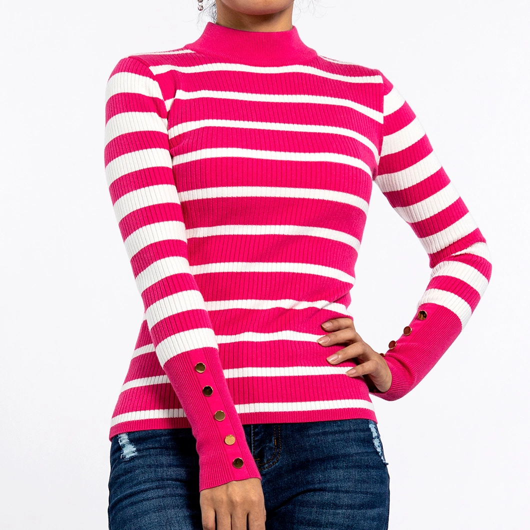 Round Neck Stripe Slim Long-Sleeved Pullover Rose Red Striped Sweater Women′s Knitwear