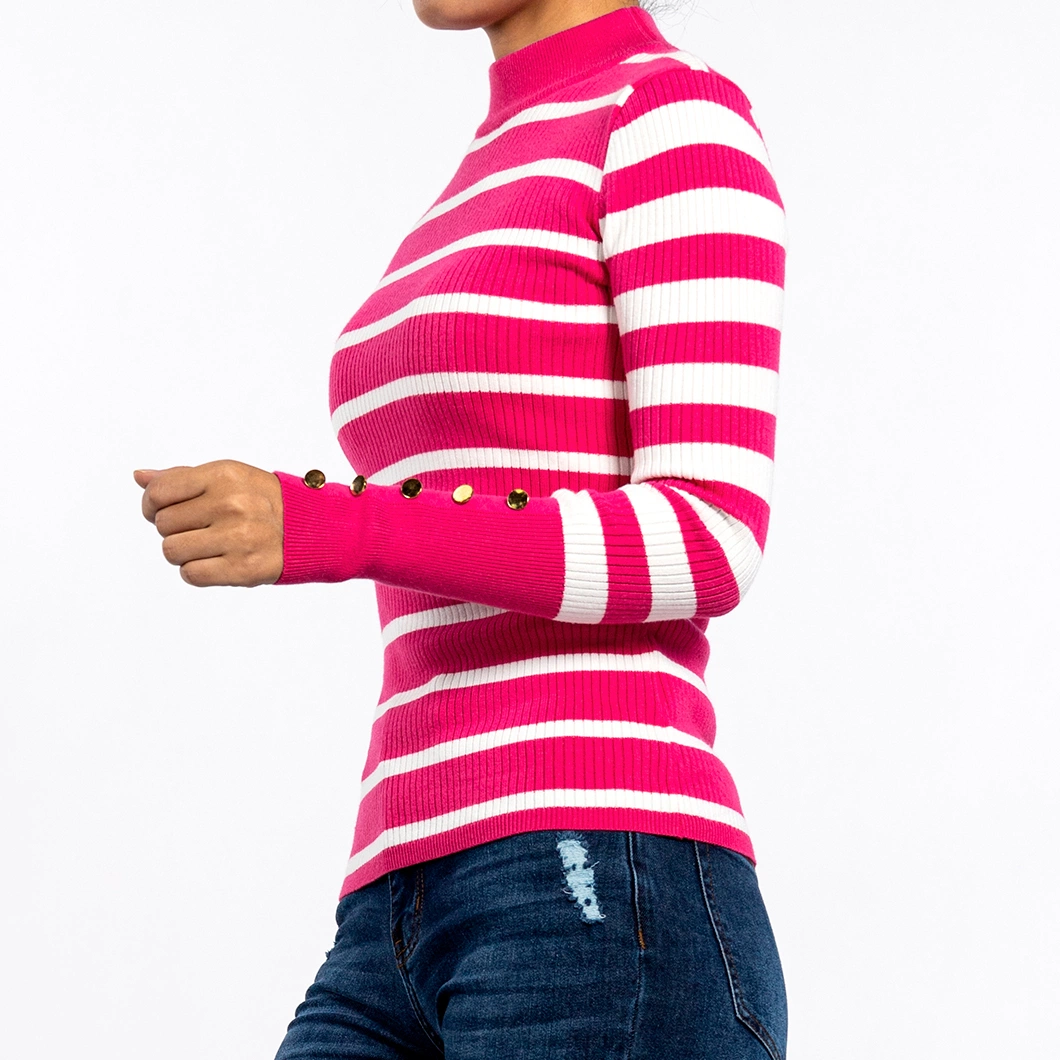 Round Neck Stripe Slim Long-Sleeved Pullover Rose Red Striped Sweater Women′s Knitwear