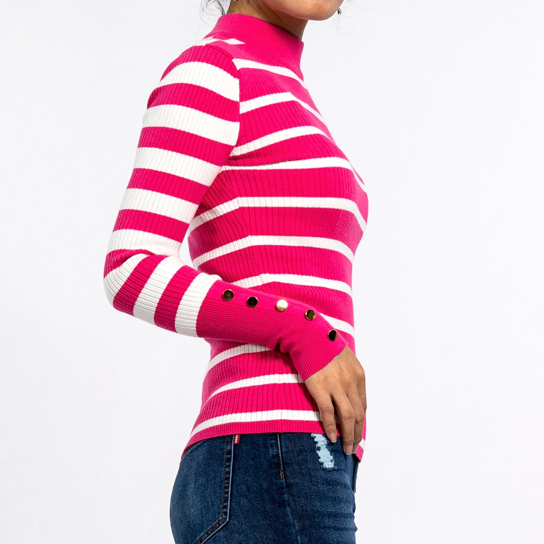 Round Neck Stripe Slim Long-Sleeved Pullover Rose Red Striped Sweater Women′s Knitwear