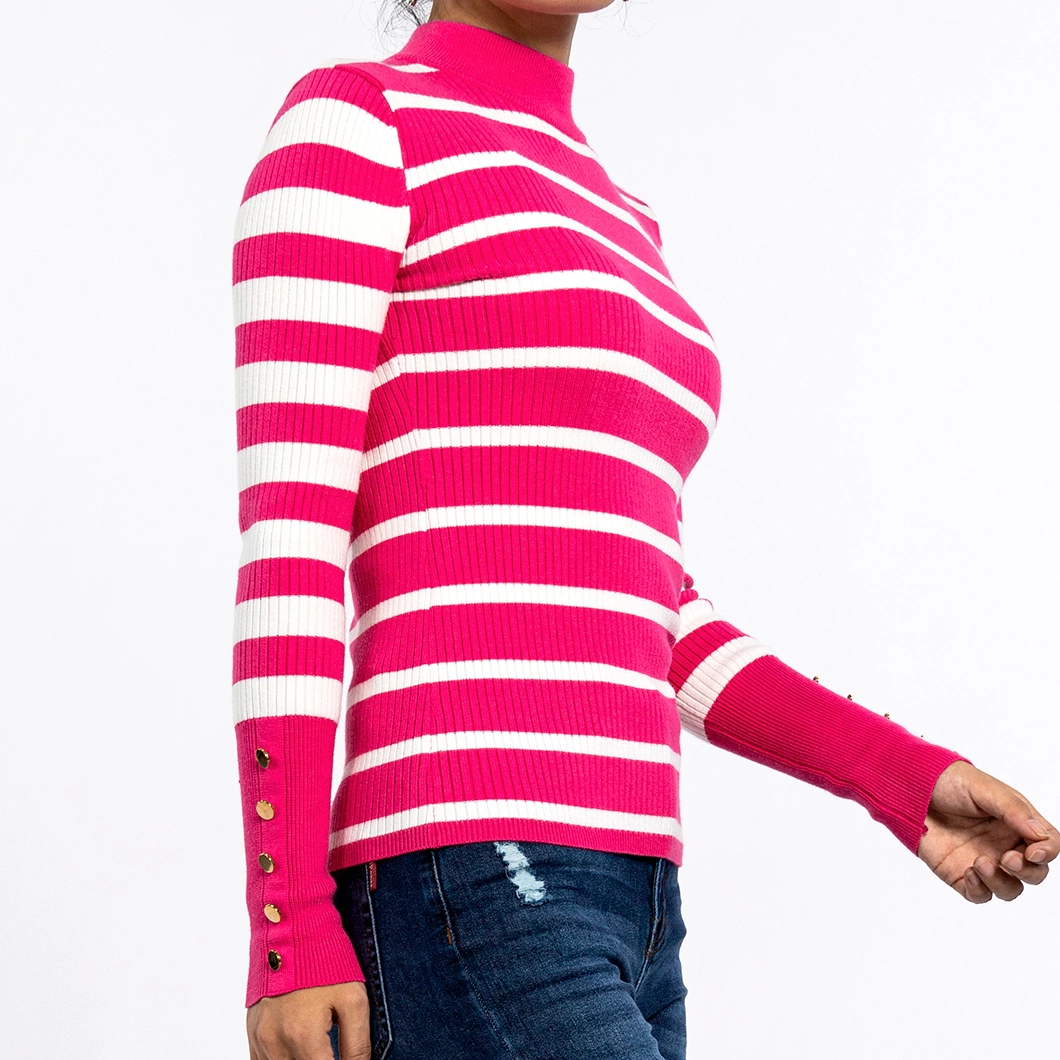 Round Neck Stripe Slim Long-Sleeved Pullover Rose Red Striped Sweater Women′s Knitwear