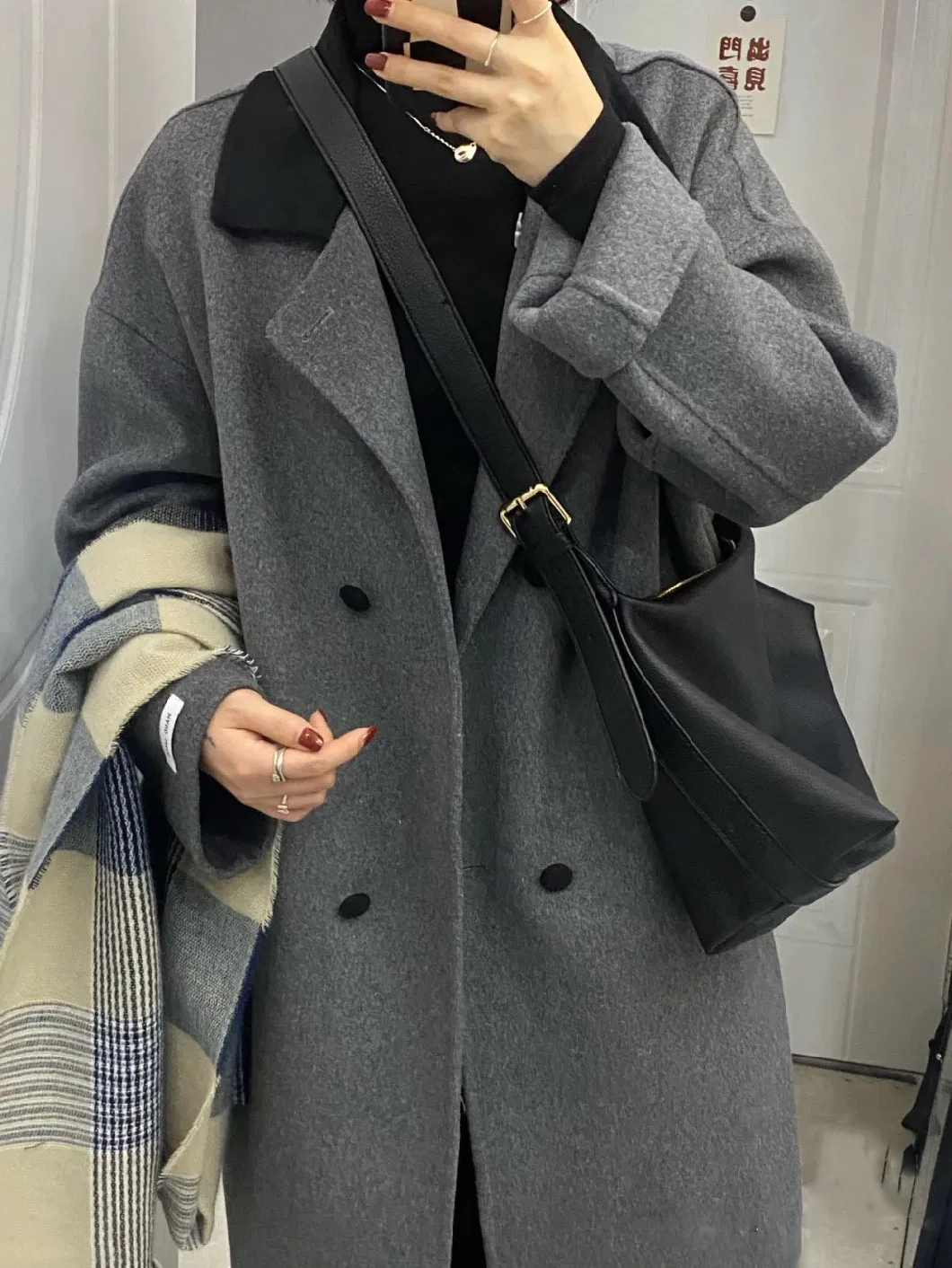 Autumn and Winter New Double-Sided Cashmere Coat Women′s Medium Long Gray Knee Length Wool Coat