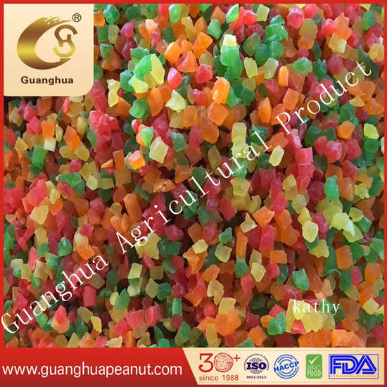 Konservierte getrocknete Papayawürfel, gemischt in 4 Farben